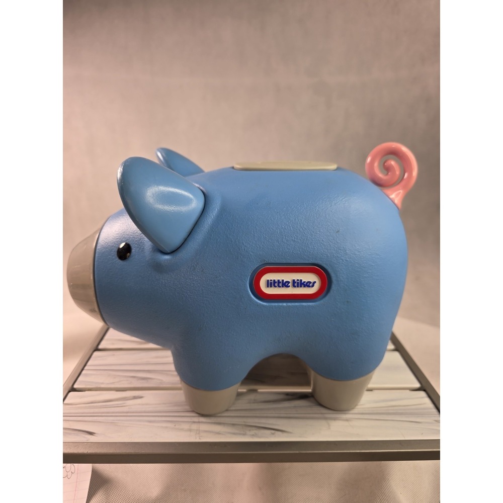 VTG Little Tikes Piggy Bank Blue Pig w/ Curly Tail And Stopper 0227-00 80S -90S